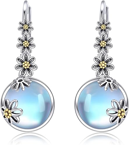 ONE: Exquisite Daisy's Color: MOONSTONE Dangle Earrings 925 Sterling Silver