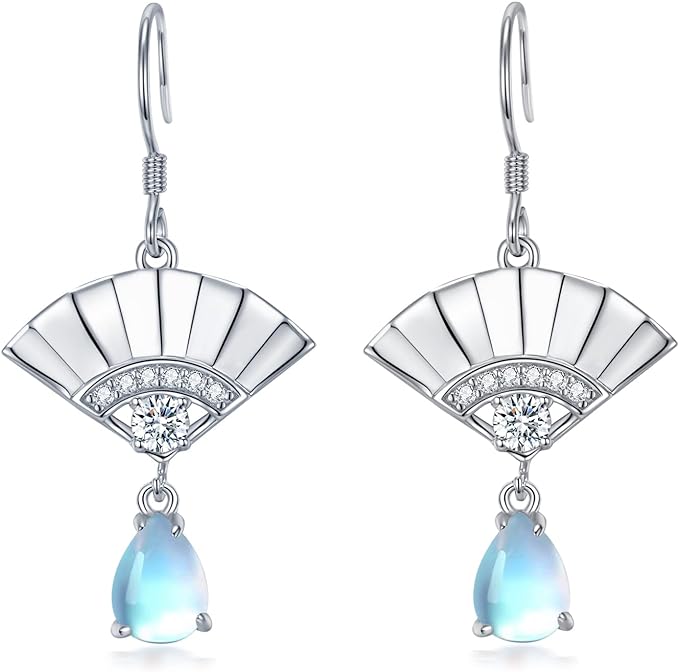 ONE: Exquisite FAN Earrings Color: Moonstone Dangle Earrings 925 Sterling Silver