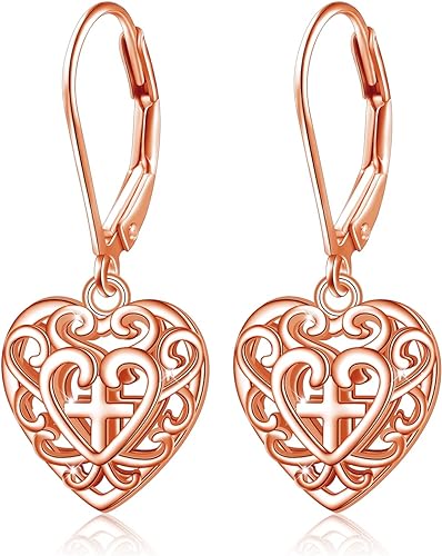 ONE: Style: ROSE GOLD Heart CROSS Dangle Earrings 925 Sterling Silver