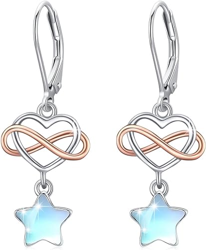 ONE: Exquisite HEART STAR Color: MOONSTONE Dangle Earrings 925 Sterling Silver