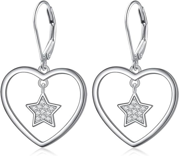 ONE: Style: HEART STAR DROP Dangle Earrings 925 Sterling Silver
