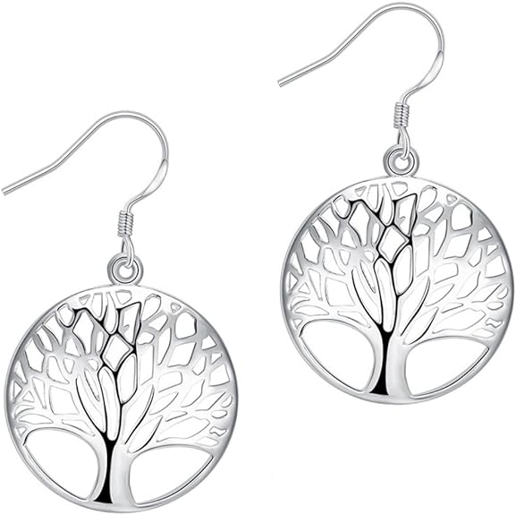 ONE Pair: Tree of Life Earrings, 925 Sterling Silver Plated Drop Dangle Earrings