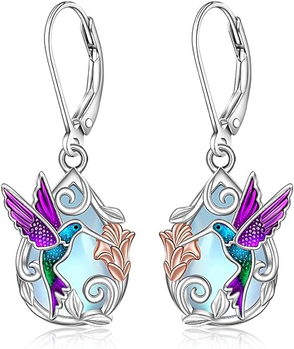 ONE: Exquisite Hummingbird Color: MOONSTONE Dangle Earrings 925 Sterling Silver