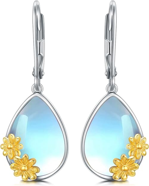 ONE: Exquisite Daisy Color: MOONSTONE Dangle Earrings 925 Sterling Silver