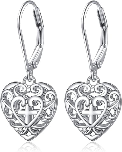 ONE: Style: Heart CROSS Dangle Earrings 925 Sterling Silver