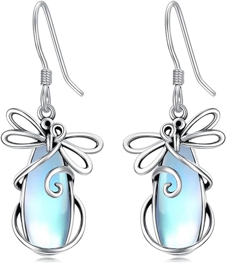 ONE: Dragonfly Earrings Color: Moonstone Dangle Earrings 925 Sterling Silver