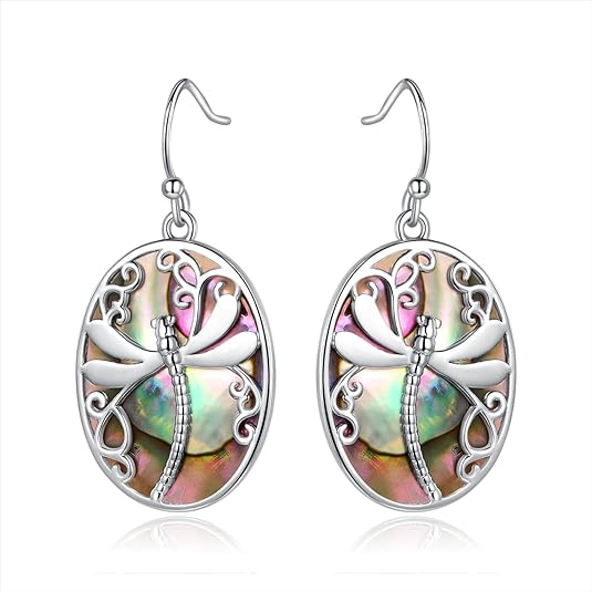 ONE: 925 Sterling Silver 18K White Gold Plated Abalone Dragonfly Dangling Earrings Design