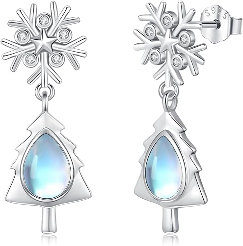 ONE: Exquisite Snow Flake's Tree Color: MOONSTONE Dangle Earrings 925 Sterling Silver