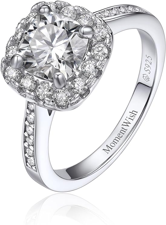 Moissanite 1 carat cushion cut moissainte that is surrounded with luminous round side moissanites 925 sterling silver engagement ring