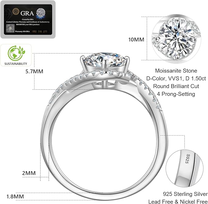 Moissanite Rings for Women, 1.5 CT Lab Created Diamond Engagement Rings, D Color VVS1 Clarity Brilliant Round Cut, White Gold Plated S925 Sterling Silver Wedding Ring