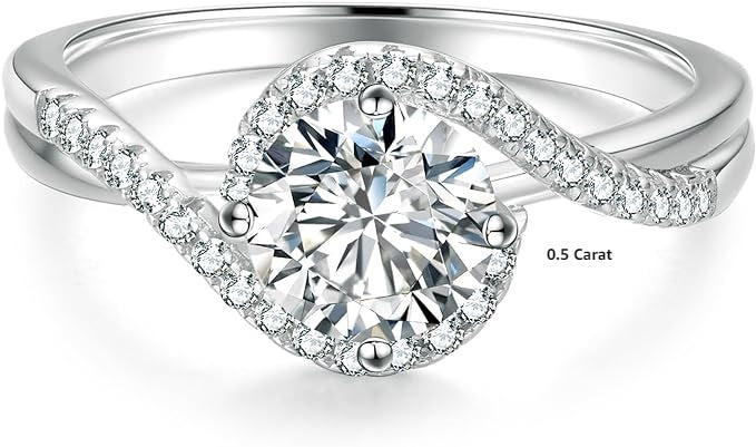 Moissanite Rings for Women, 0.5CT Lab Created Diamond Engagement Rings, D Color VVS1 Clarity Brilliant Round Cut, White Gold Plated S925 Sterling Silver Wedding Ring