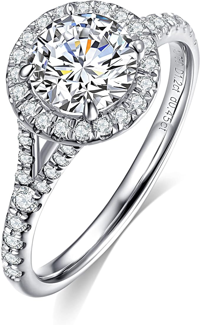 Split Shank Halo Moissanite Rings for Women, 1.2CT Round D Color VVS1 Clarity Lab Created Diamond Rings Thickness 18K White Gold Vermeil 925 Sterling Silver Moissanite Engagement Ring