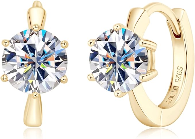 ONE PAIR: 14K Yellow Gold Plated in 925 Sterling Silver Hoop Earrings HIGH QUALITY MOISSANITE DIAMOND Brilliant ROUND Cut 2ct