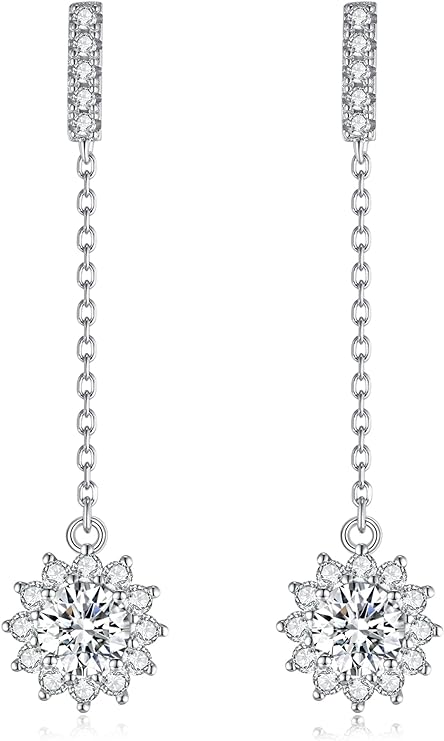 ONE PAIR: MOISSANITE DIAMONDS Style: Style: Sunflower Dangle Earrings, DF Color Ideal Cut Simulated Diamond 925 Sterling Silver Earrings for Women with Certificate of Authenticity