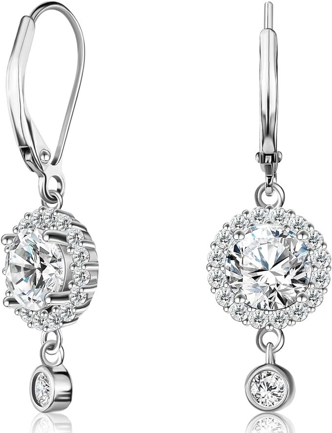 ONE PAIR: 925 Sterling Silver HOOP DROP MOISSANITE Earrings Brilliant ROUND CUT HIGH QUALITY MOISSANITE DIAMOND 18 K White Gold Plated