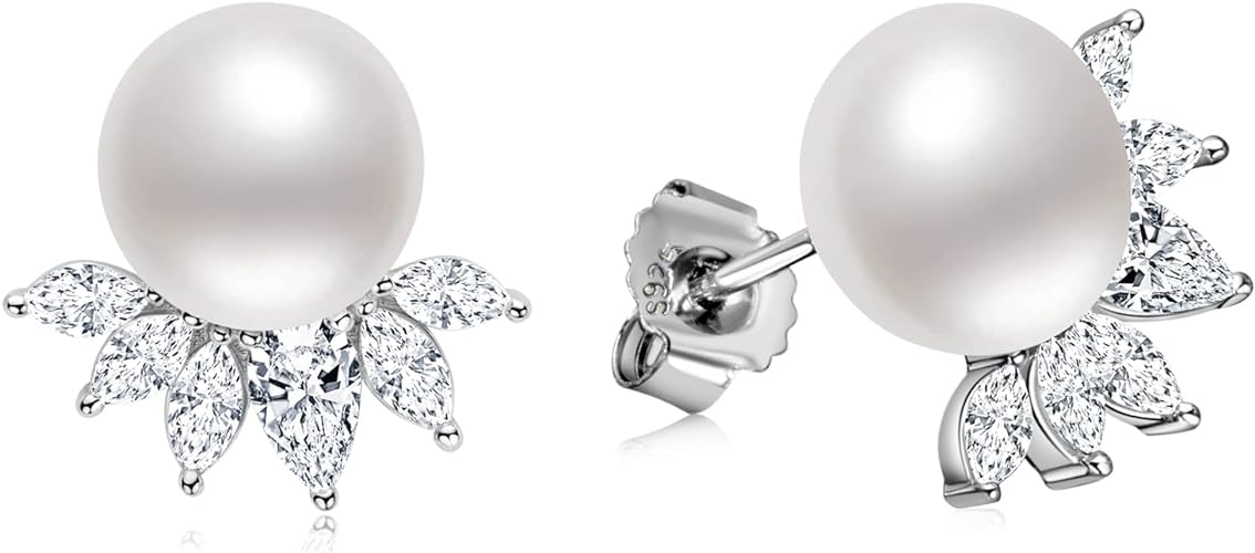 ONE PAIR: Elegant Freshwater Cultured White Pearl Drop Stud Earrings AAAA Cubic Zirconia set in Sterling Silver