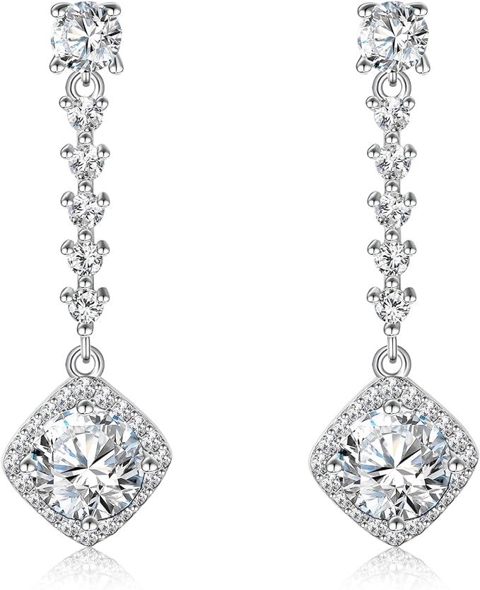 ONE PAIR: 925 Sterling Silver HOOP DROP MOISSANITE Earrings Brilliant ROUND CUT HIGH QUALITY MOISSANITE DIAMOND 18 K White Gold Plated