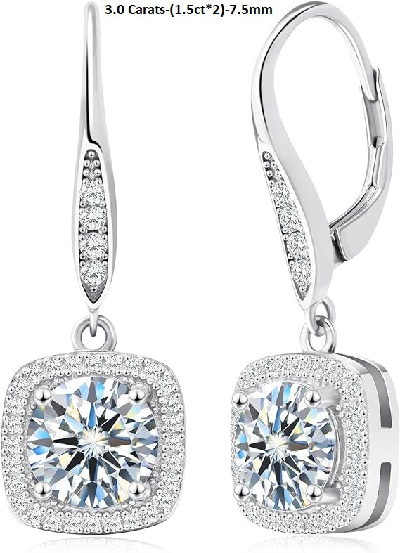 ONE PAIR: 18K White Gold 925 Sterling Silver Dangle Earrings Leverback Drop Earrings Color Brilliant Round Cut HIGH QUALITY MOISSANITE DIAMOND 3.0 Carats-(1.5ct*2)-7.5mm