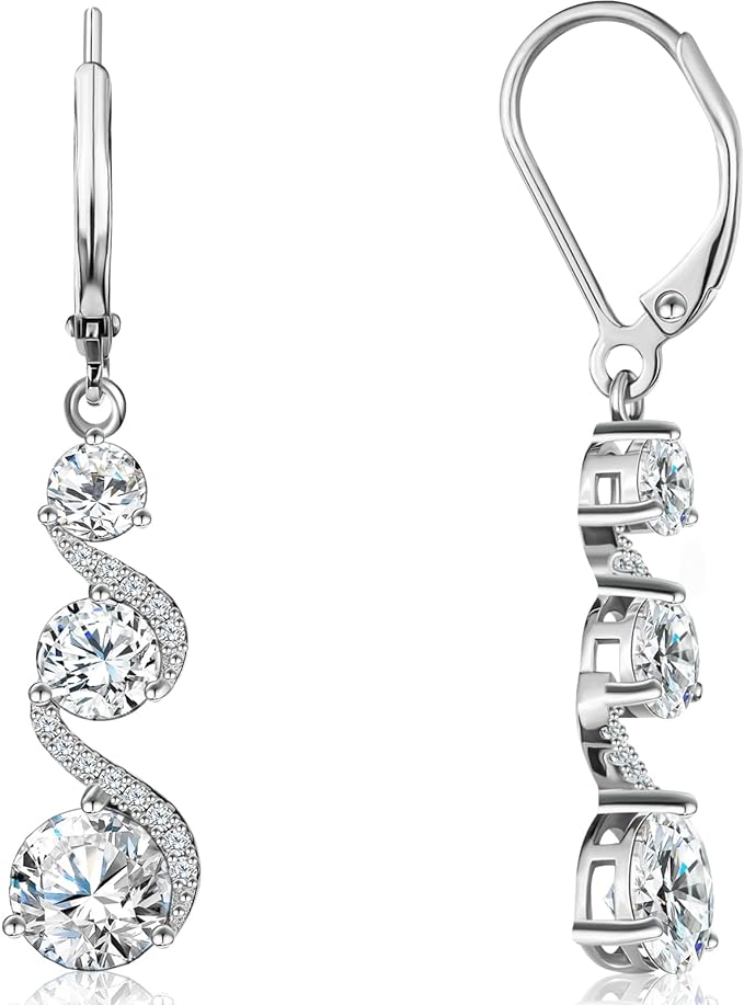 ONE PAIR: 925 Sterling Silver HOOP DROP MOISSANITE Earrings Brilliant ROUND CUT HIGH QUALITY MOISSANITE DIAMOND 18 K White Gold Plated