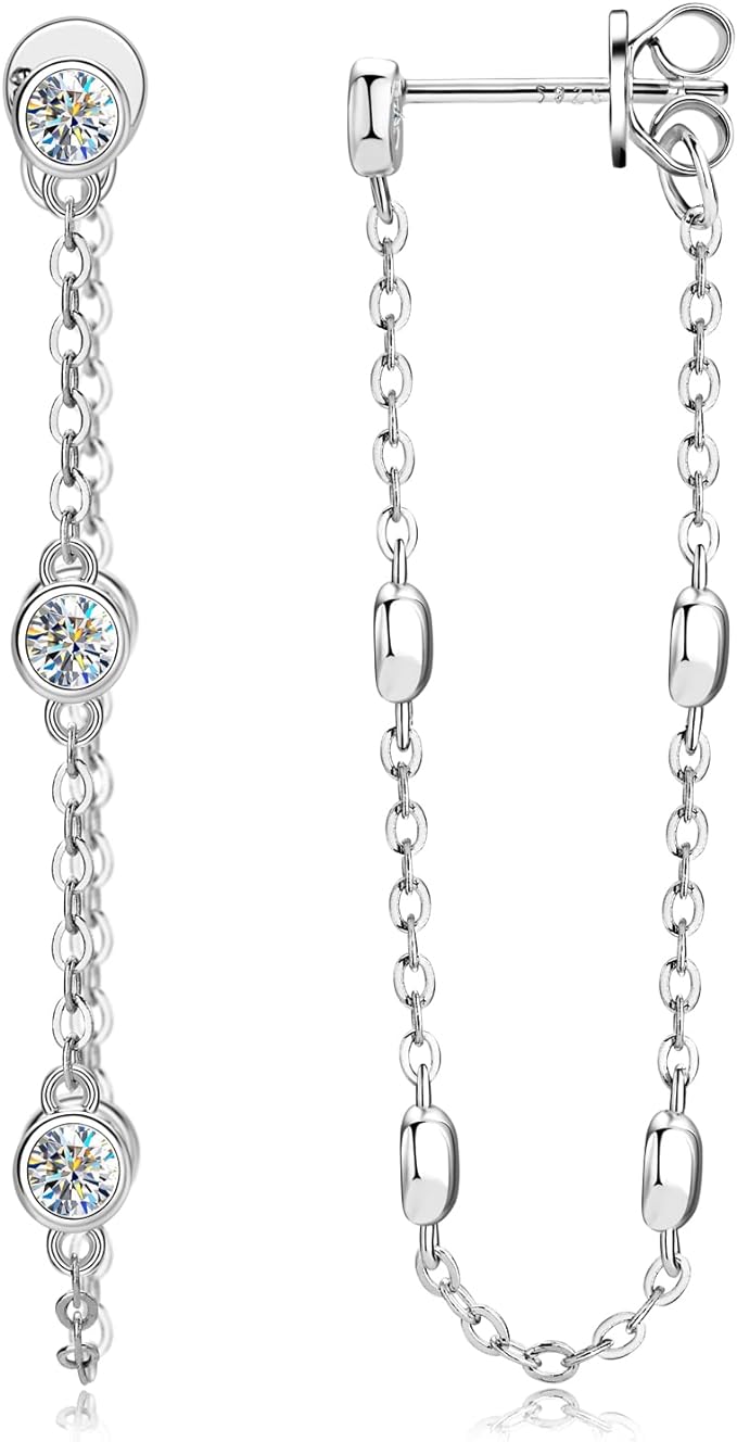 ONE PAIR: Dangle Chain Earrings 925 Sterling Silver 18K WHITE GOLD PLATED Drop Stud Earrings, HIGH QUALITY MOISSANITE Diamonds GRA Certificate