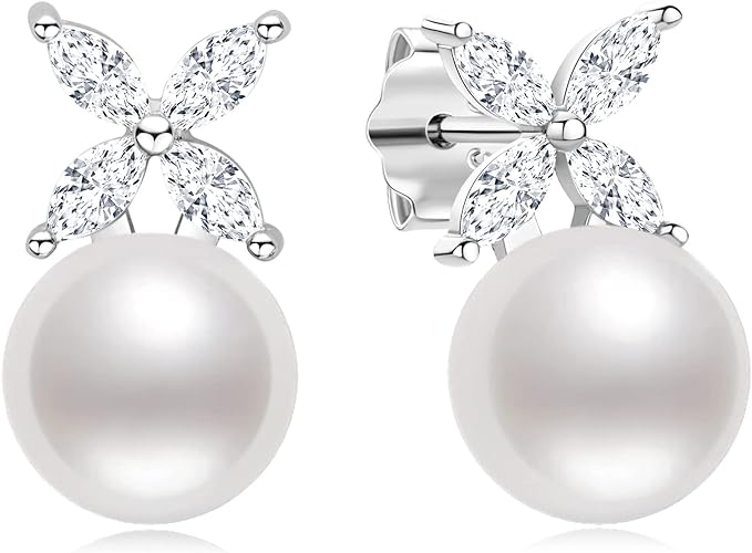 ONE PAIR: Elegant Freshwater Cultured White Pearl Drop Stud Earrings AAAA Cubic Zirconia set in Sterling Silver