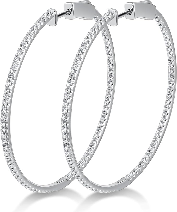 ONE PAIR: MOISSANITE Hoop Earrings for Women S925 Sterling Silver D Color VVS1 Round Cut Lab Created MOISSANITE Earrings Inside Out Round Loops Earrings Hypoallergenic Large Huggie Hoop Earrings Color: 2.34ct