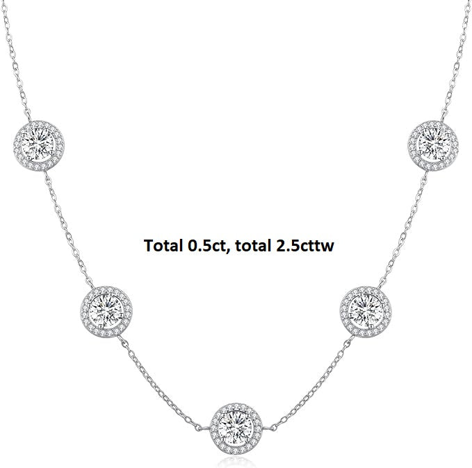 ONE :šPendant Necklaceš 5 Stones total 0.5ct, total 2.5cttw MOISSANITE DIAMOND Halo Round 18k WHITE GOLD PLATED OVER 925 STERLNG SILVER