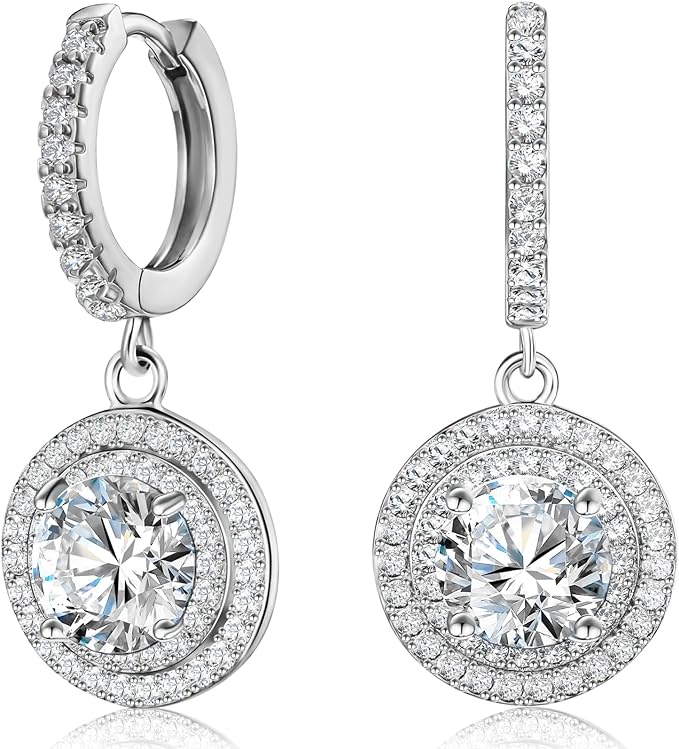 ONE PAIR: 925 Sterling Silver HOOP DROP MOISSANITE Earrings Brilliant ROUND CUT HIGH QUALITY MOISSANITE DIAMOND 18 K White Gold Plated