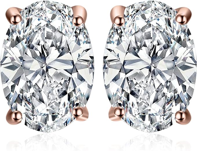 ONE PAIR: MOISSANITE Solitaire Stud Earrings, 925 Sterling Silver 14k Gold Plated Earrings for Her, Classic Simulated Diamond Earrings VVS D-F Color: 3-Rose Gold Plated-MOISSANITE