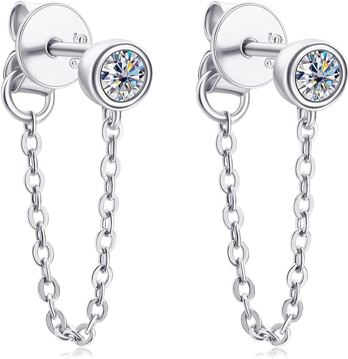 ONE PAIR: Dangle Chain Earrings 925 Sterling Silver Drop Stud Earrings, HIGH QUALITY MOISSANITE Diamonds GRA Certificate