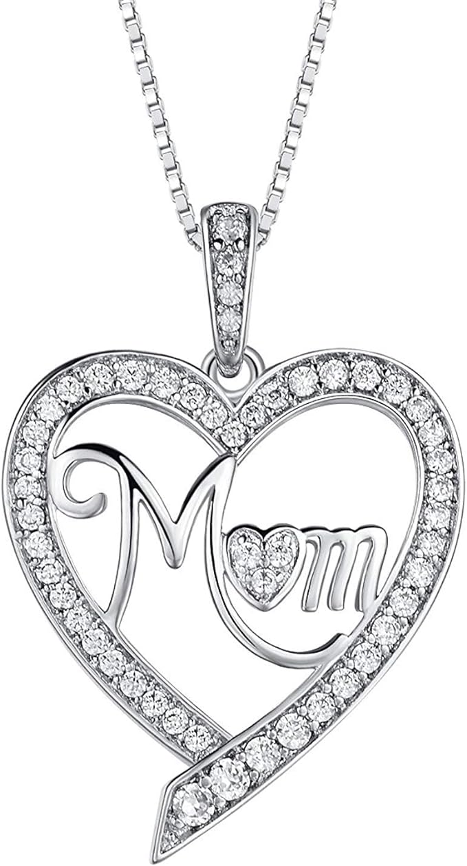 ONE PAIR: CZ Crystal Platinum Plated Silver Necklace Gifts for Mom Wife Girlfriend Her on Mothers Day Anniversary Birthday Gifts for Women My Mother Necklace