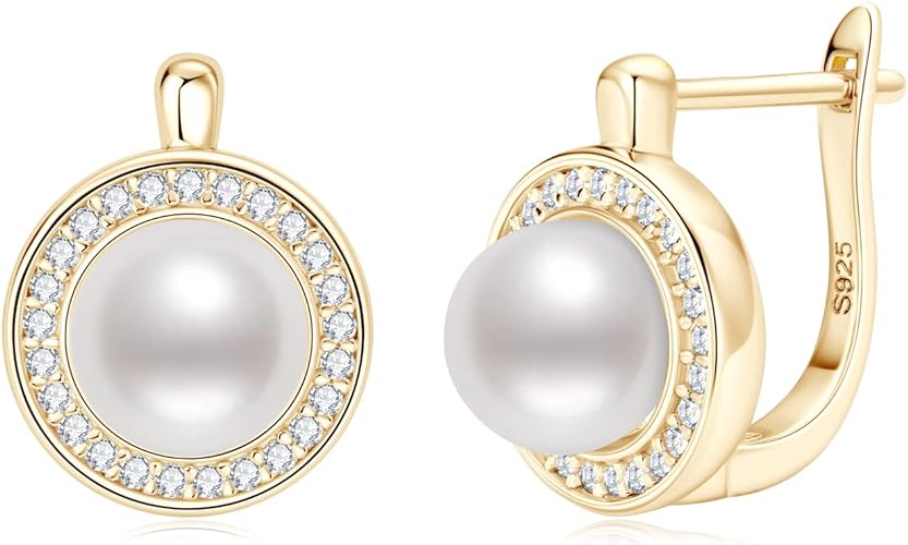 ONE PAIR: Hand Crafted with High-Quality 925 Sterling Silver, These Earrings are Plated in 18k Yellow Gold MOISSANITE DIAMONDS are round cut for a multi-faceted look and freshwater pearls