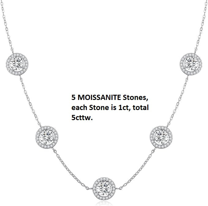 ONE :šPendant Necklaceš 5 MOISSANITE Stones, each stone is 1ct, total 5cttw. MOISSANITE DIAMOND Halo Round 18k WHITE GOLD PLATED OVER 925 STERLNG SILVER