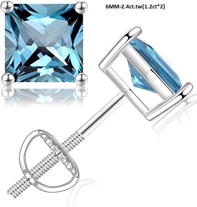 ONE PAIR: Princess Moissanite Diamond Studs Earrings ,925 Sterling Silver HIGH QUALITY MOISSANITE DIAMOND with18K White Gold Plated 6MM-2.4ct.tw(1.2ct*2) Color: London Blue Topaz