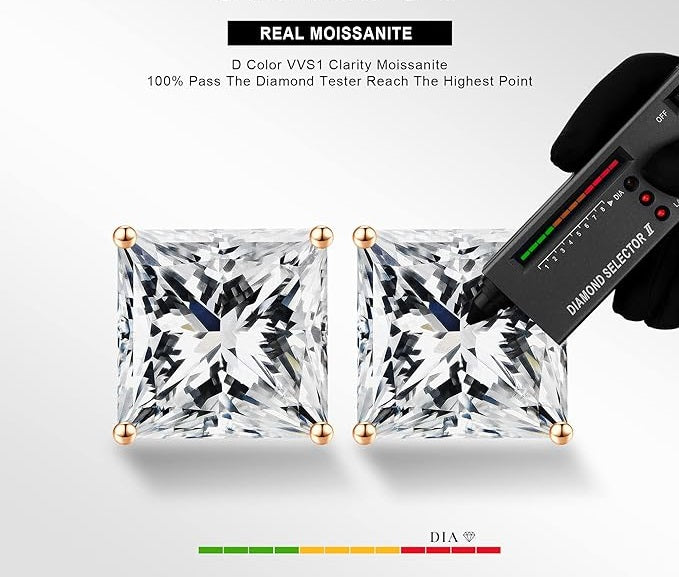 ONE PAIR: Princess Moissanite Diamond Studs Earrings ,925 Sterling Silver HIGH QUALITY MOISSANITE DIAMONDS 5.5MM-2ct.tw(1ct*2)