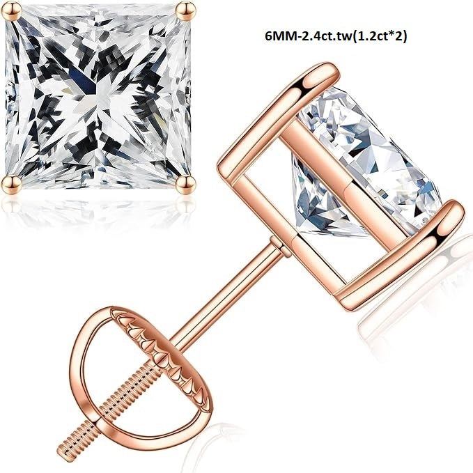 ONE PAIR: Princess Moissanite Diamond Studs Earrings ,925 Sterling Silver HIGH QUALITY MOISSANITE DIAMONDS 6MM-2.4ct.tw(1.2ct*2)