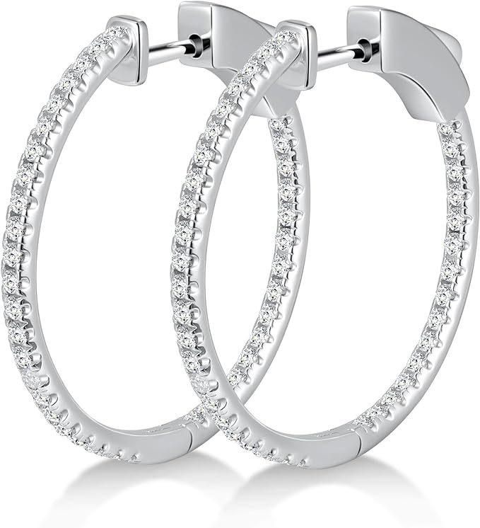 ONE PAIR: MOISSANITE Hoop Earrings for Women S925 Sterling Silver D Color VVS1 Round Cut Lab Created MOISSANITE Earrings Inside Out Round Loops Earrings Hypoallergenic Large Huggie Hoop Earrings Color: 1.14ct