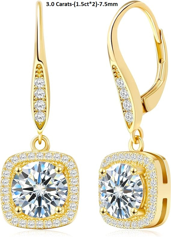 ONE PAIR: 18K Gold Plated in 925 Sterling Silver Dangle Earrings Leverback Drop Earrings Color Brilliant Round Cut HIGH QUALITY MOISSANITE DIAMOND 3.0 Carats-(1.5ct*2)-7.5mm