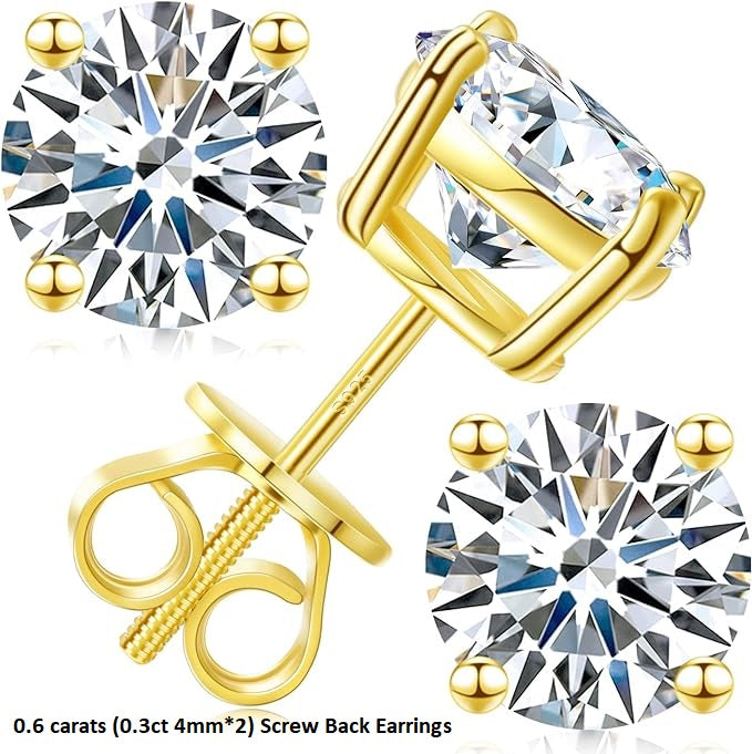 ONE PAIR: of Earrings 0.6 carats (0.3ct 4mm*2) Screw Back HIGH QUALITY MOISSANITE DIAMOND EARRINGS SCREW BACK 925 Sterling Silver and Gold Plated