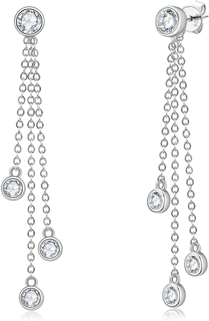 ONE PAIR: Dangle Chain Earrings 925 Sterling Silver 18K WHITE GOLD PLATED Drop Stud Earrings, HIGH QUALITY MOISSANITE Diamonds GRA Certificate