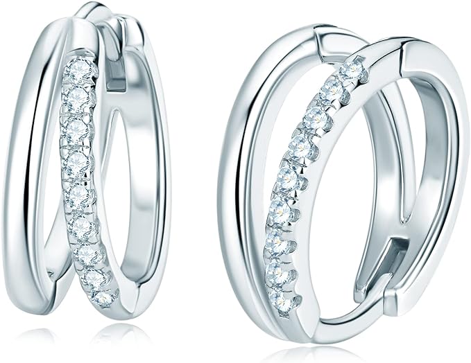 ONE PAIR: DOUBLE HOOP EARRINGS for ONE HOLE color grade D-E, Mohs Scales Hardness 9.25, DEW 2.34 CT. HIGH QUALITY MOISSANITE Diamonds 18K White Gold PLATED 925 Sterling Silver Total GRA Certificate