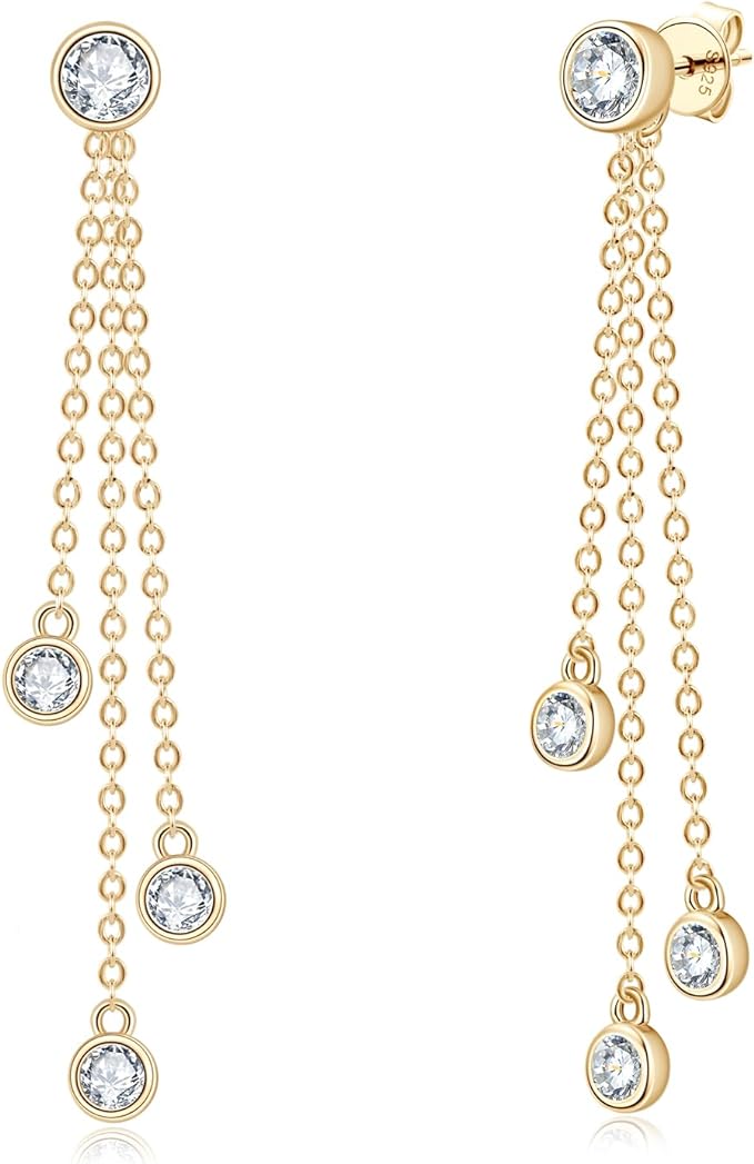 ONE PAIR: Dangle Chain Earrings 925 Sterling Silver 18K GOLD PLATED Drop Stud Earrings, HIGH QUALITY MOISSANITE Diamonds GRA Certificate