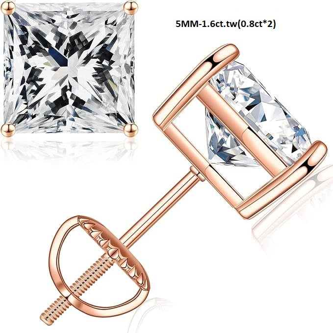 ONE PAIR: Princess Moissanite Diamond Studs Earrings ,925 Sterling Silver HIGH QUALITY MOISSANITE DIAMONDS 5MM-1.6ct.tw(0.8ct*2)