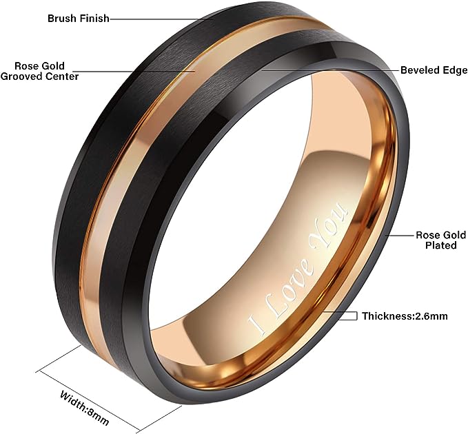8mm Genuine Tungsten Carbide "I Love You" Engraved Inside RING" Black Brushed 8mm, Rose Gold Line Center-Band Width 8mm Ring Comfort fit