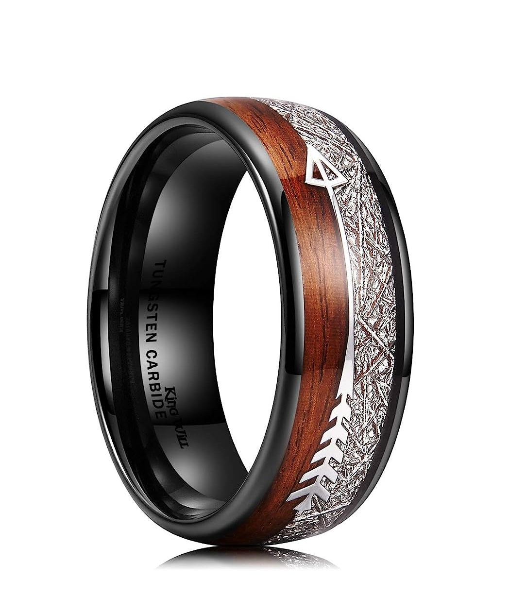 Genuine Carbide Tungsten Color: BLACK 8mm Wood and Imitated Meteorite Inlay & Arrow High Polished inner-face design smooth and shiny. Comfort Fit Wedding Band Size 6-15