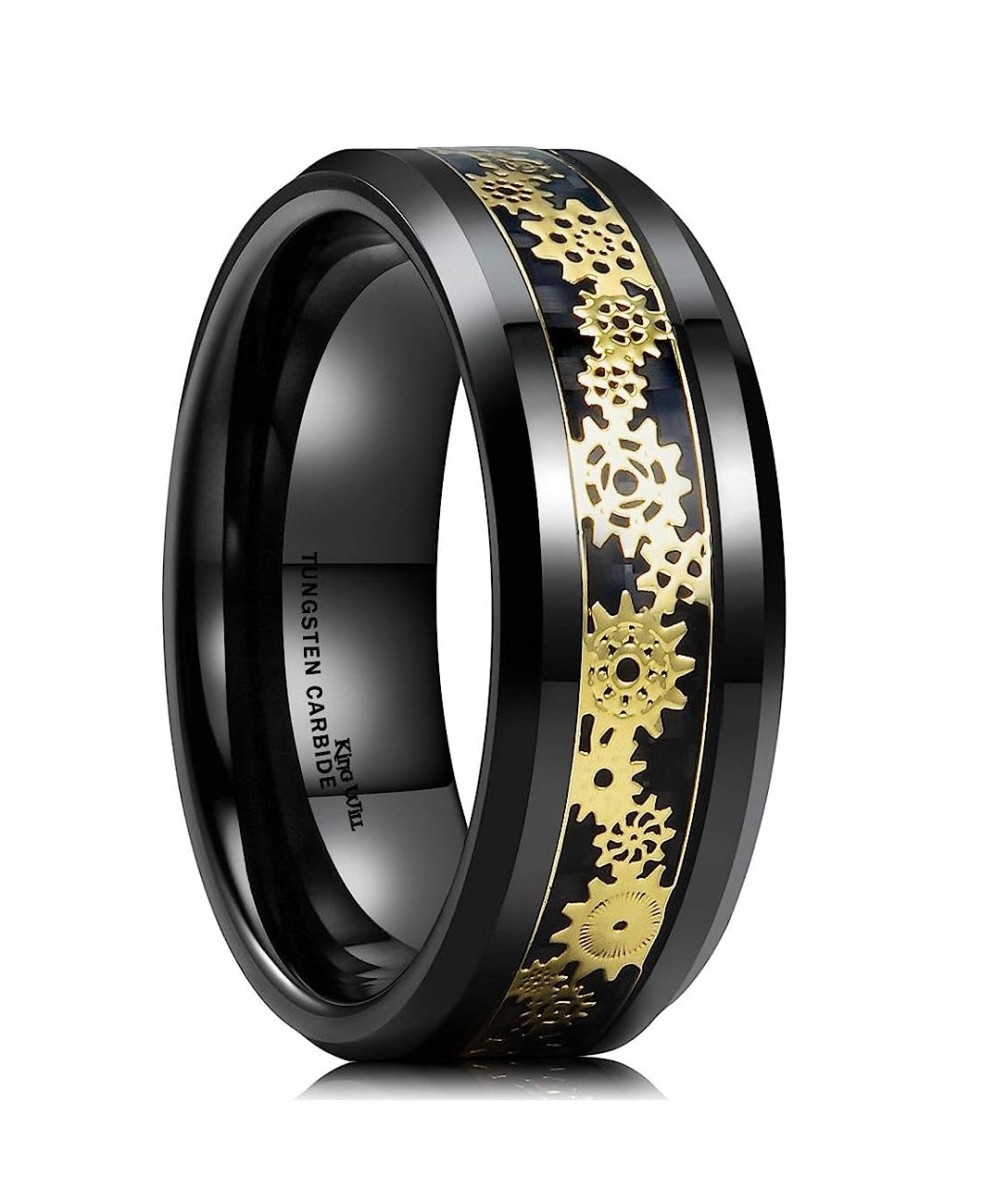 Genuine Carbide Tungsten Color: BLACK 8mm GOLD Gear RING BLACK Carbon Fiber Inlay high polished inner-face design smooth and shiny. Comfort Fit Wedding Band Size 6-15