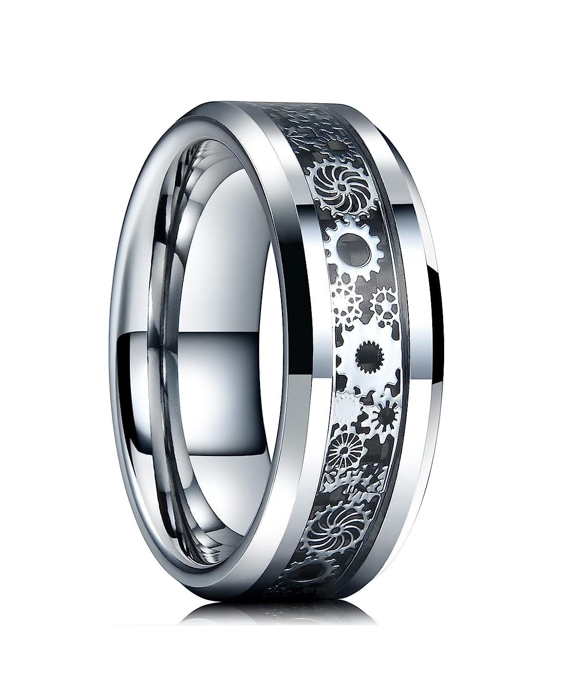 Genuine Carbide Tungsten Color: SILVER 8mm Gear RING GRAY Carbon Fiber Inlay high polished inner-face design smooth and shiny. Comfort Fit Wedding Band Size 6-15