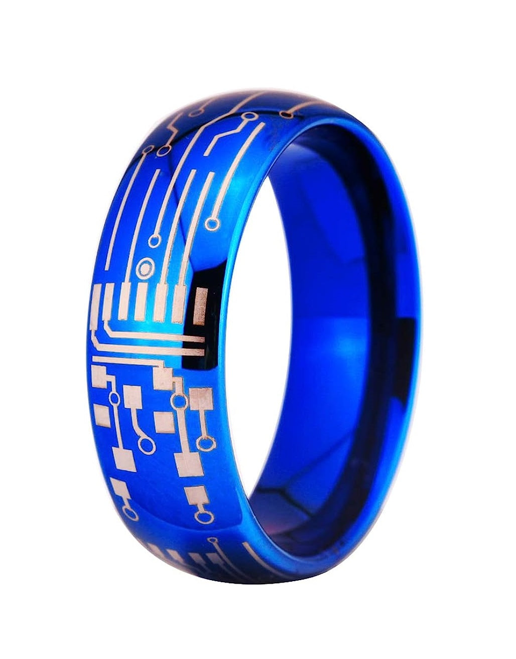 Genuine Carbide Tungsten Color: Blue 8mm Computer Circuit Pattern Ring Blue inner high polished inner-face design smooth and shiny. Comfort Fit Wedding Band Size 6-15