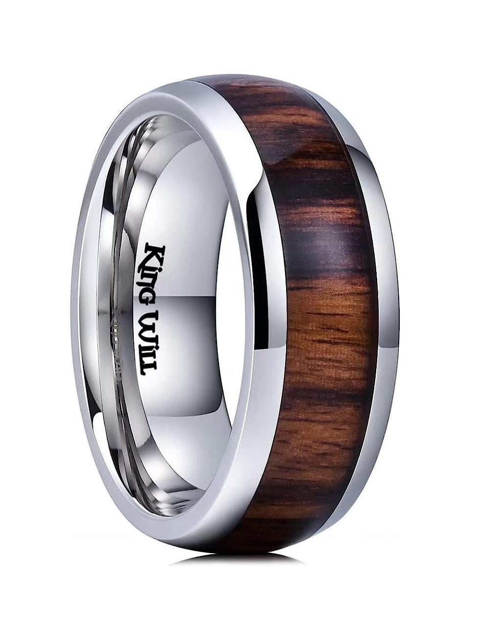 Genuine Titanium Silver 8mm Ring Center Inlaid Koa Wood Wedding Band Hammered Wood Titanium Rings Polish Comfort Fit