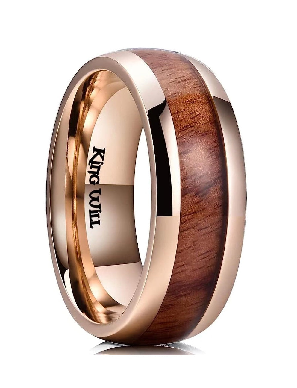 Genuine Titanium Rose Gold 8mm Ring Center Inlaid Koa Wood Wedding Band Hammered Wood Titanium Rings Polish Comfort Fit